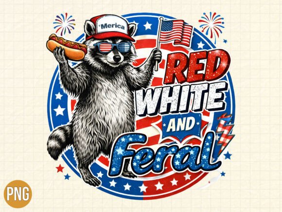Red White Feral Raccoon 4th of July PNG for Creative Projects