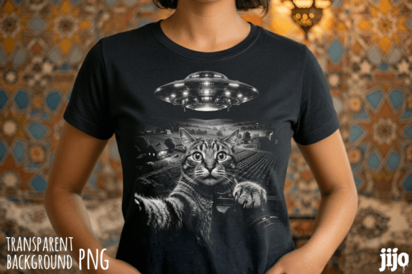Whimsical Cat Ufo Alien Farm PNG Design
